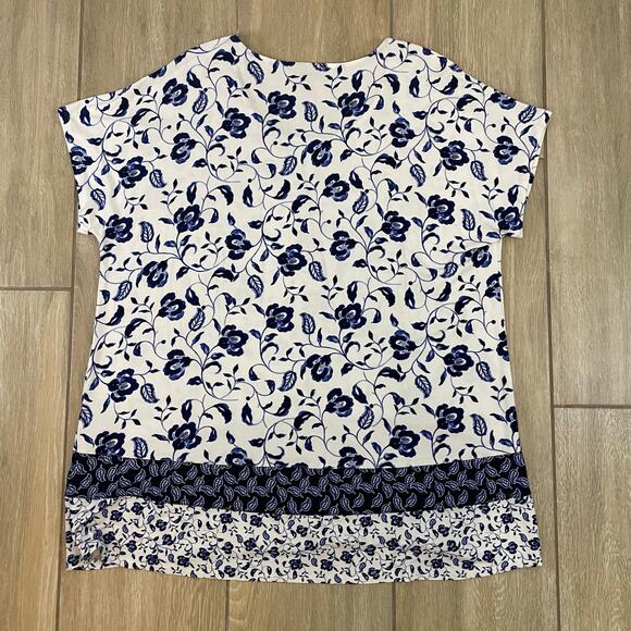 J.Jill Wearever Floral Mixed Print Tunic Top Blue White Short Sleeve XL - Picture 2 of 7